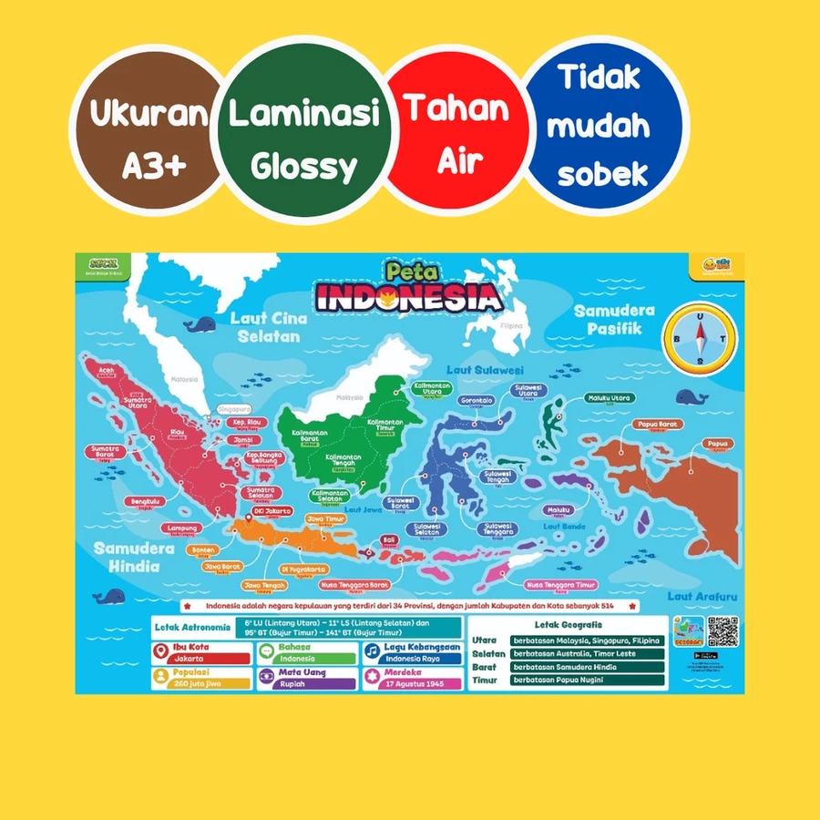 Secil Mainan | Poster Edukasi Anak Wipe and Clean Belajar peta Indonesia PREMIUM